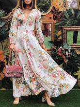 Vestido largo informal con cuello en V, botones florales y mangas farol